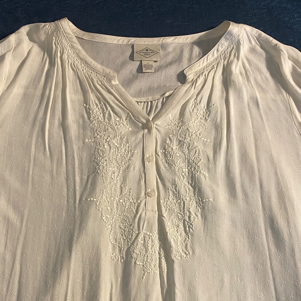 St. John's Bay Cream Blouse with Delicate Embroidery